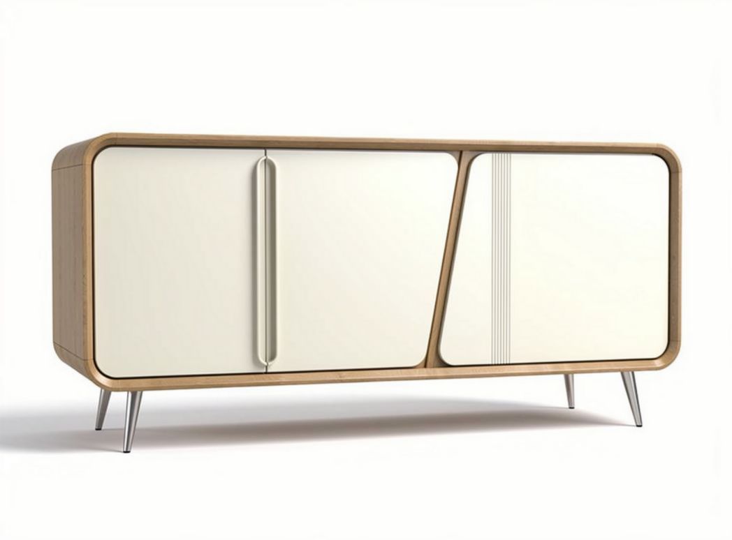Modern wood sideboard cabinet with white doors and metal legs 150 x 45 x 75cm