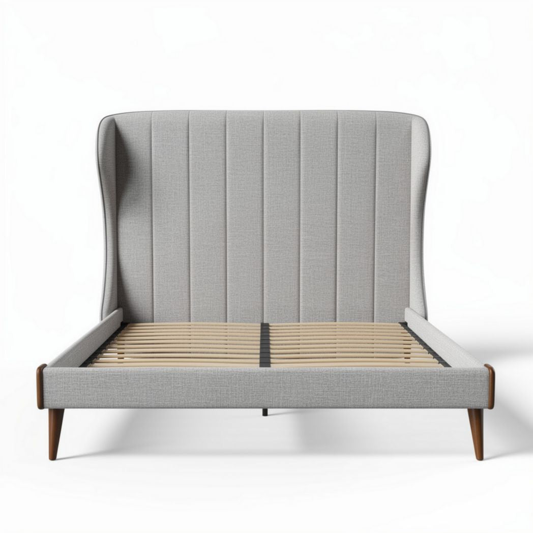 Fabric upholstered bed frame with wooden slats and a tufted high headboard 200 x 160 x 120cm