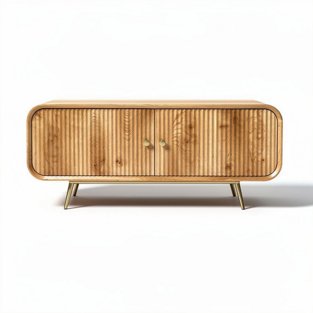 Modern wooden media console with ribbed texture and gold accents 120 x 40 x 50cm