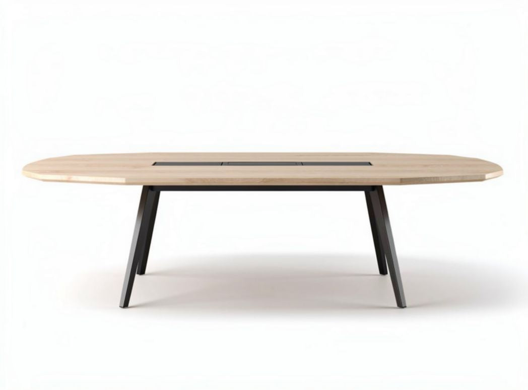 Wooden conference table with metal legs and central cable management 200 x 100 x 75cm