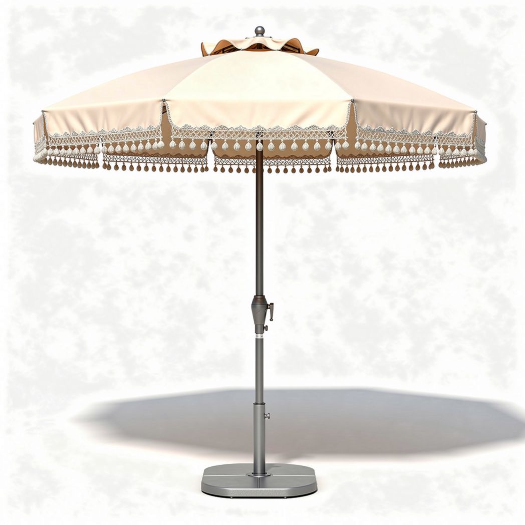 Outdoor patio umbrella with beige canopy and tassel trim 250 cm