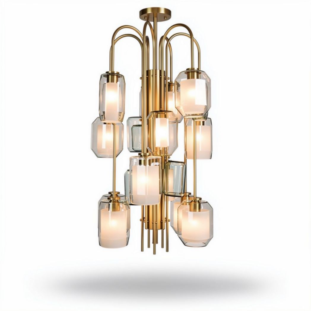 Glass and metal chandelier light fixture with 12 bulbs in gold finish
