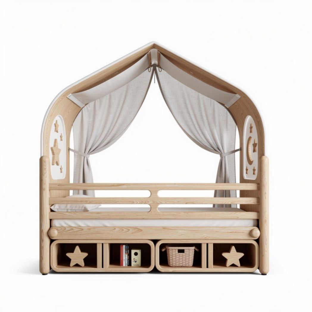 Wooden house bed with storage for kids 140 x 80 x 150cm in natural finish