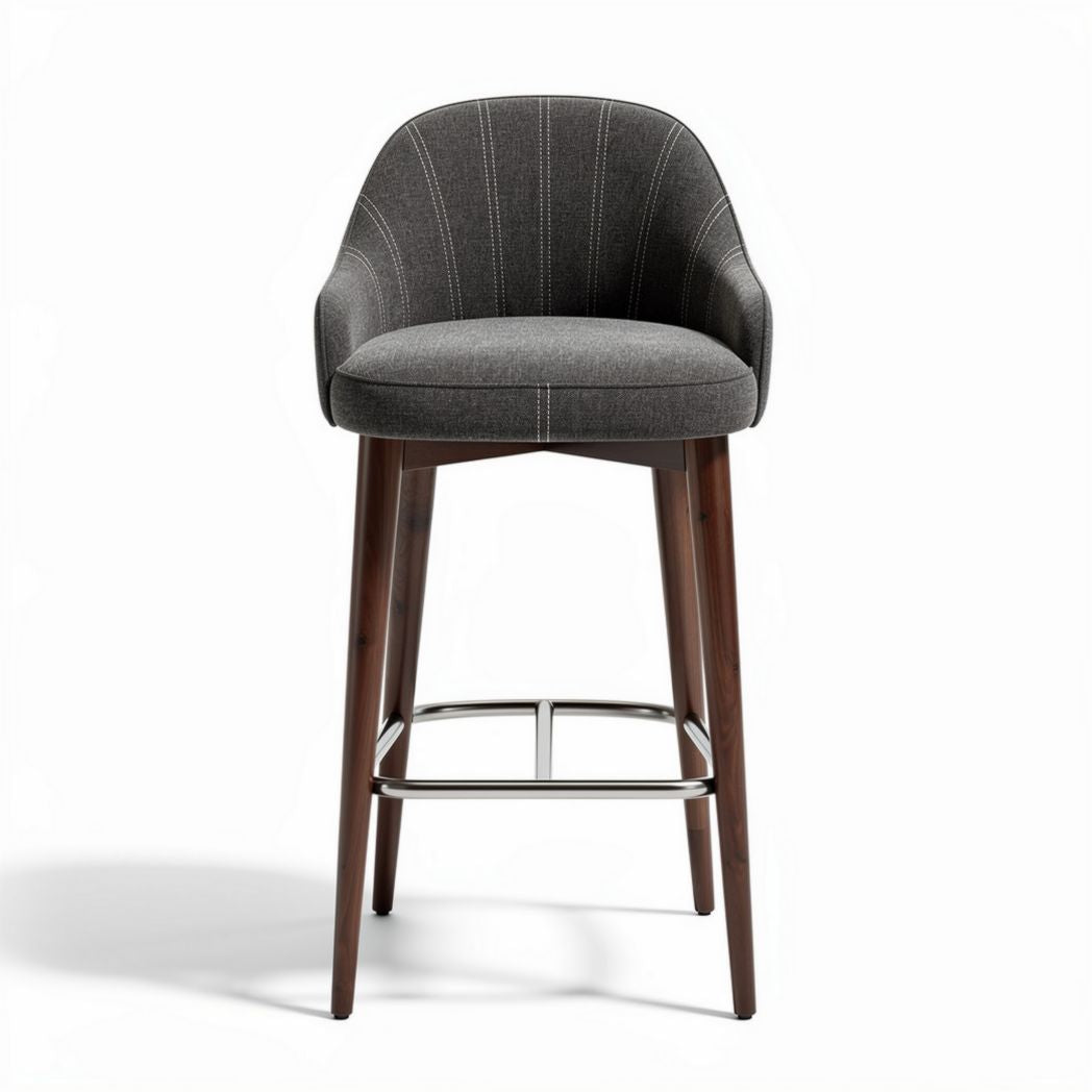 Fabric upholstered bar stool with wood legs and chrome footrest 45 x 50 x 100cm
