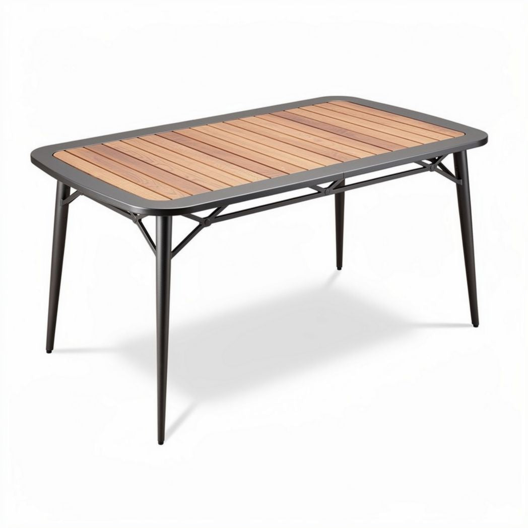 Outdoor rectangular dining table with wooden top and metal legs 150 x 80 x 75cm