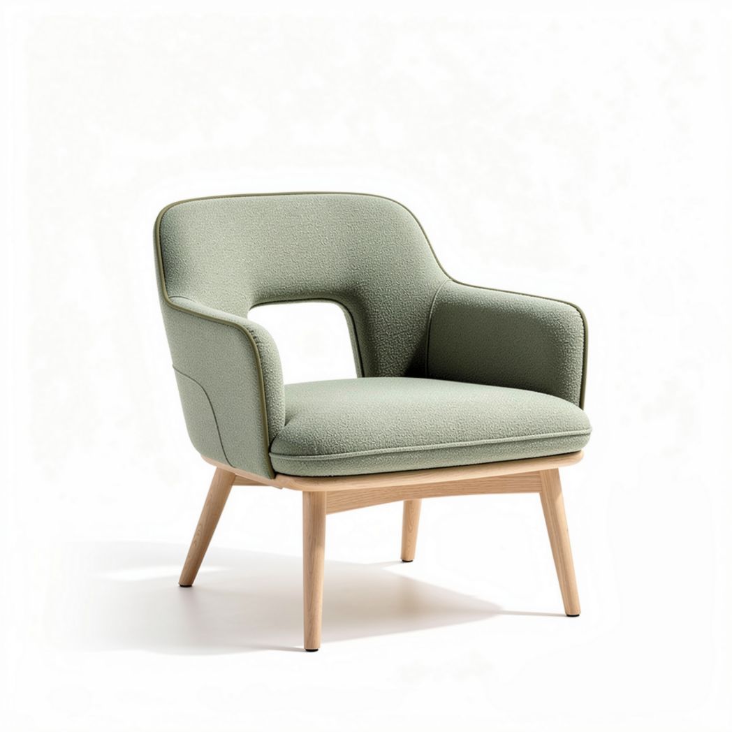 Modern accent chair in light green fabric with natural wood legs 80 x 70 x 75cm